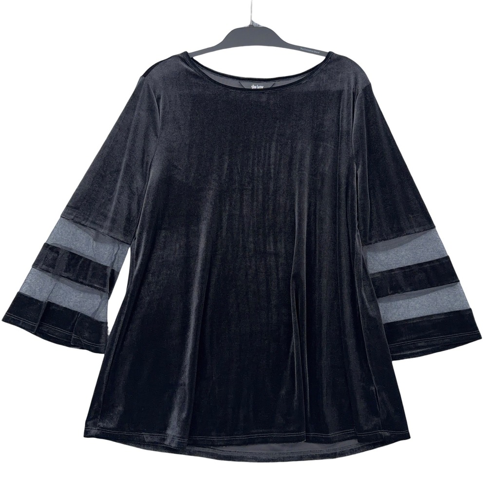 Slim Factor by Investments Black Velvet‎ Mesh Stripe Bell Sleeve Top NWT L